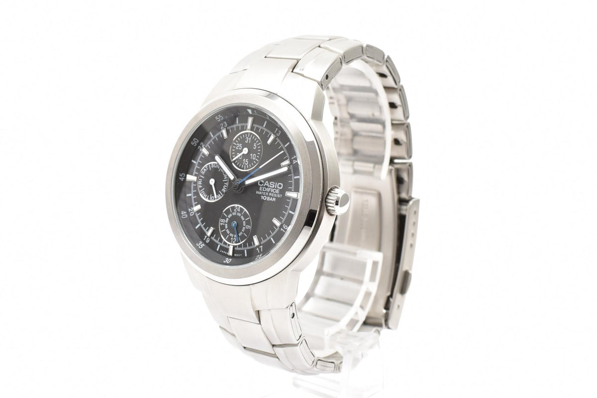 CASIO カシオ EDIFICE エディフィス EF-305 メンズ クォーツ 腕時計 ブラック文字盤 マルチダイヤル ブルーアクセント ステンレス ブレスレット 39.1mm 2000年代