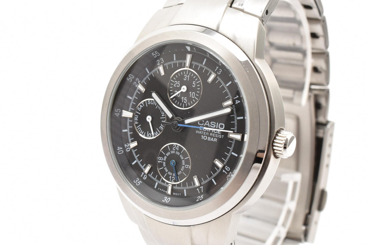 CASIO カシオ EDIFICE エディフィス EF-305 メンズ クォーツ 腕時計 ブラック文字盤 マルチダイヤル ブルーアクセント ステンレス ブレスレット 39.1mm 2000年代