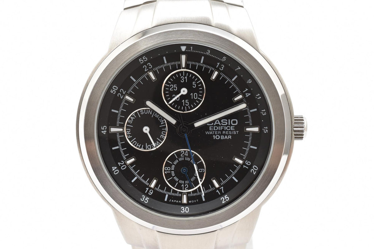 CASIO カシオ EDIFICE エディフィス EF-305 メンズ クォーツ 腕時計 ブラック文字盤 マルチダイヤル ブルーアクセント ステンレス ブレスレット 39.1mm 2000年代