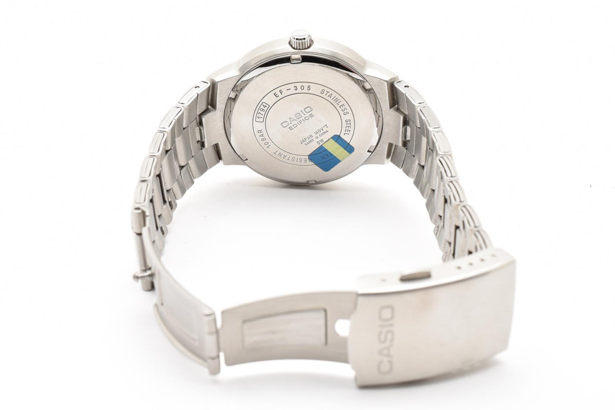 CASIO カシオ EDIFICE エディフィス EF-305 メンズ クォーツ 腕時計 ブラック文字盤 マルチダイヤル ブルーアクセント ステンレス ブレスレット 39.1mm 2000年代