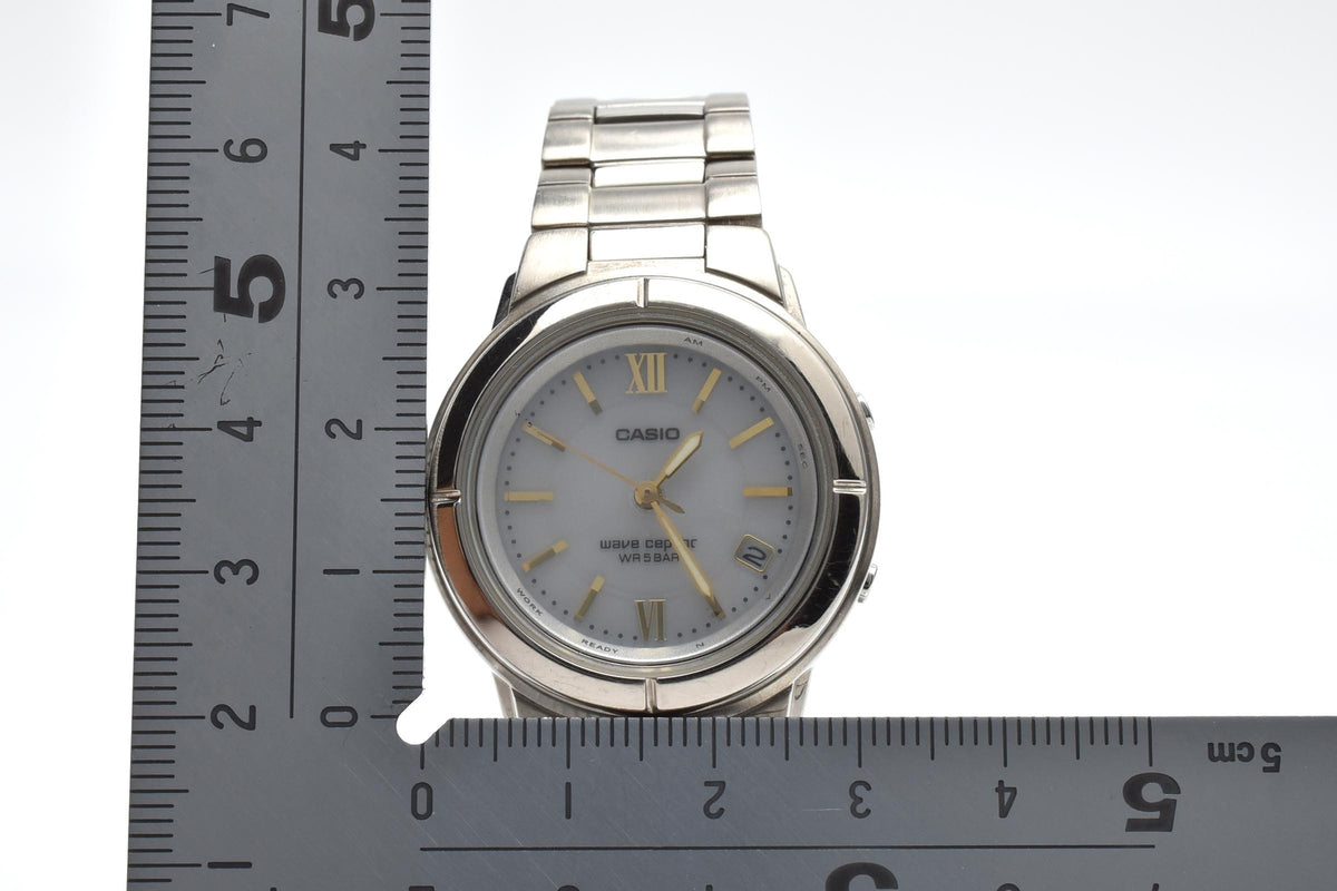 CASIO カシオ Wave Ceptor ウェーブセプター LWQ-130 メンズ ソーラー 電波 腕時計 ホワイト文字盤 ローマ数字 デイト ステンレス ブレスレット 31mm 2000年代