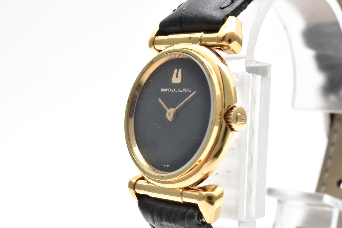 Universal Geneve ユニバーサルジュネーブ 542678 レディース 手巻き 腕時計 ブラック文字盤 2針 オーバル ステンレス レザー 22mm 1970年代 ヴィンテージ