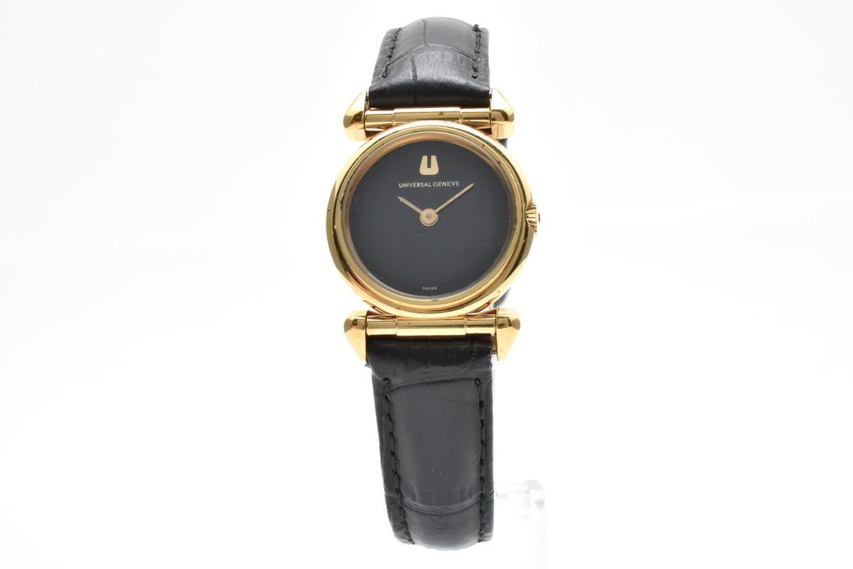 Universal Geneve ユニバーサルジュネーブ 542678 レディース 手巻き 腕時計 ブラック文字盤 2針 オーバル ステンレス レザー 22mm 1970年代 ヴィンテージ