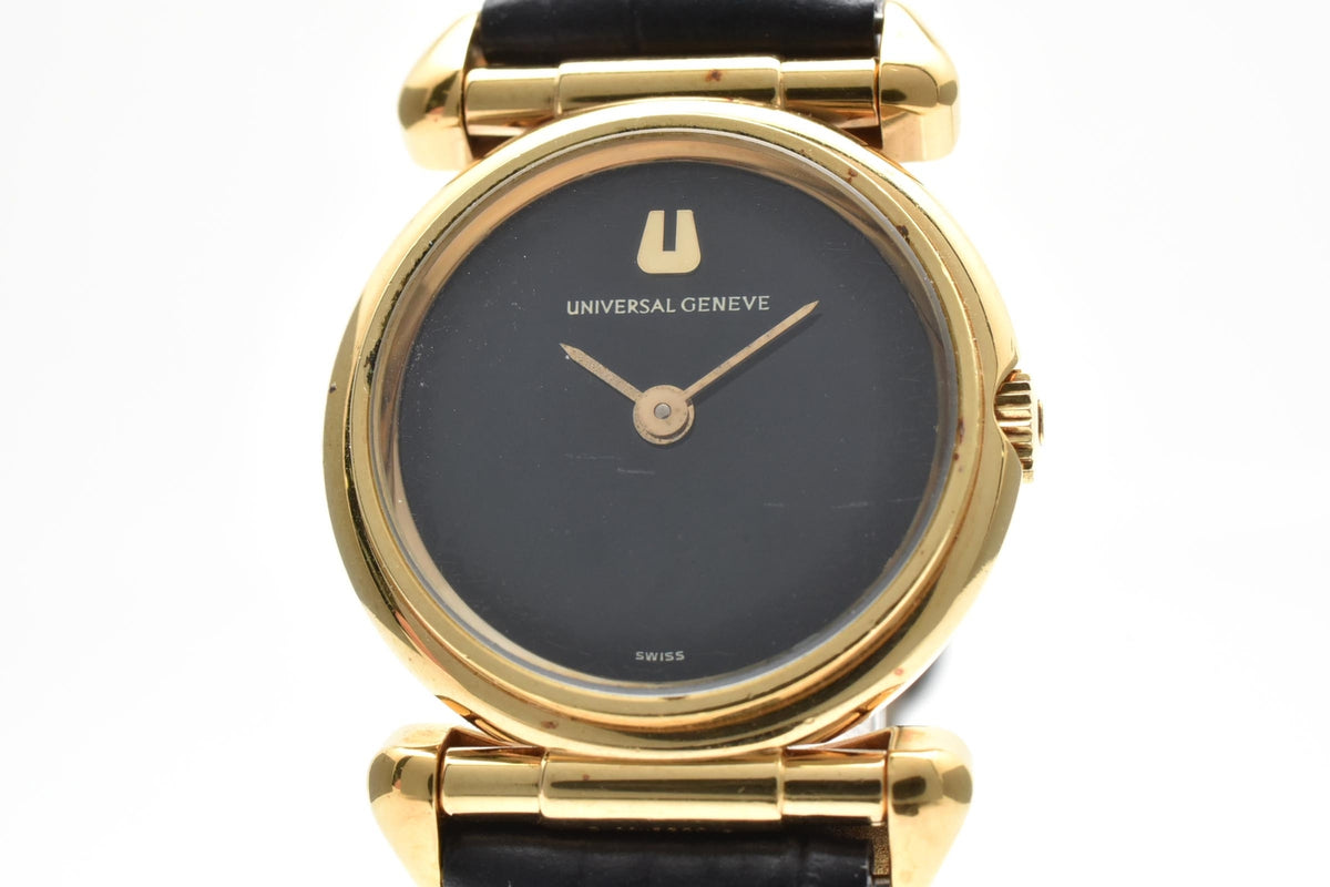 Universal Geneve ユニバーサルジュネーブ 542678 レディース 手巻き 腕時計 ブラック文字盤 2針 オーバル ステンレス レザー 22mm 1970年代 ヴィンテージ