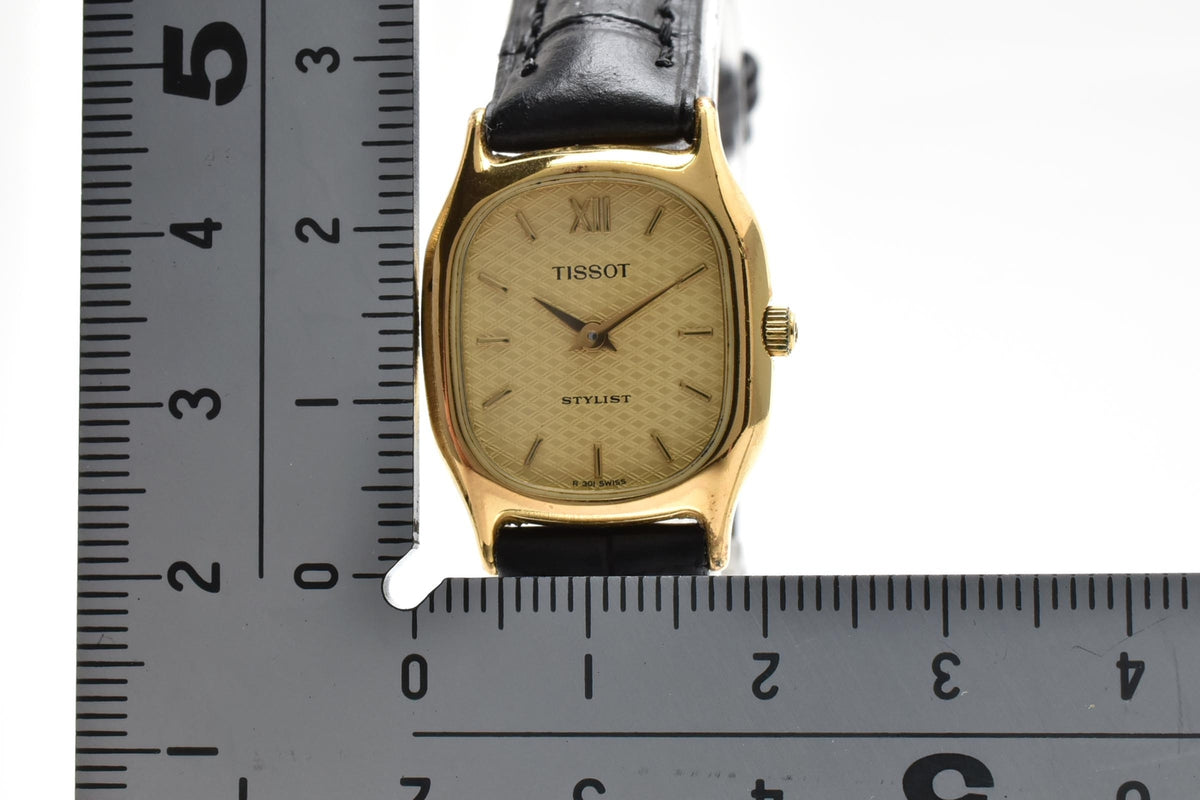 TISSOT ティソ R301 レディース クォーツ 腕時計 ゴールド文字盤 ローマ数字 角型 ステンレス レザーストラップ 18.8mm 1990年代 ヴィンテージ ドレスウォッチ