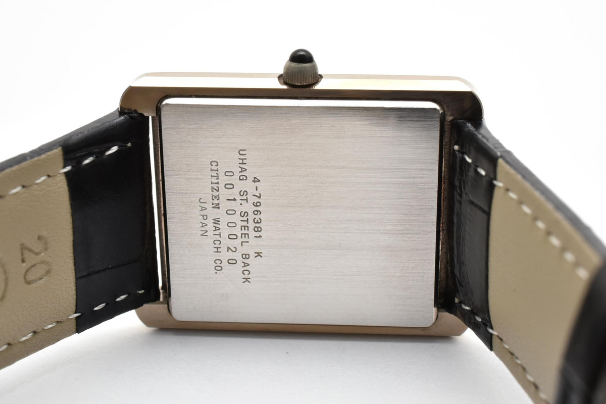 CITIZEN シチズン EXCEED エクシード 4-796381 メンズ クォーツ 腕時計 ブラック文字盤 角型 ステンレス レザーストラップ 25.3mm 1990年代 ヴィンテージ ドレスウォッチ