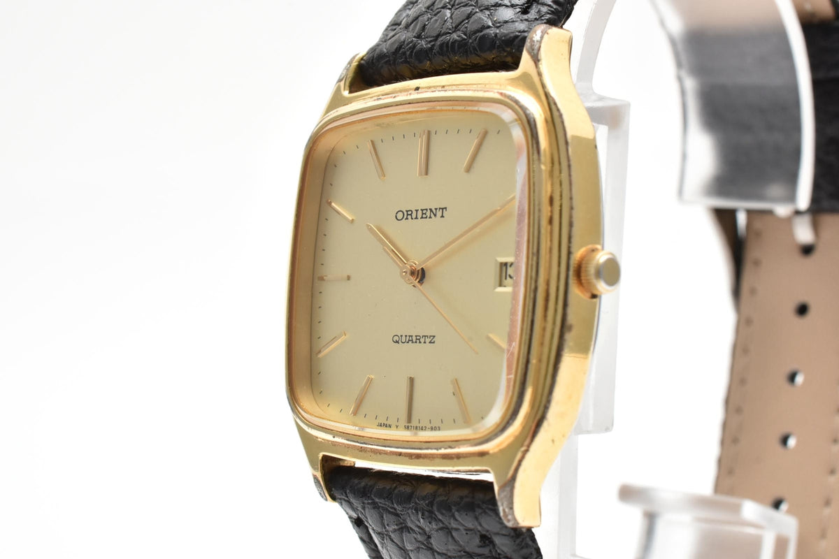 ORIENT オリエント G-587814P-20 CS メンズ クォーツ 腕時計 ゴールド文字盤 デイト 角型 ステンレス レザーストラップ 28mm 1980年代 ヴィンテージ ドレスウォッチ