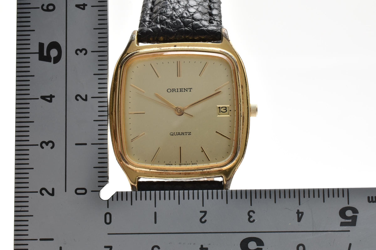 ORIENT オリエント G-587814P-20 CS メンズ クォーツ 腕時計 ゴールド文字盤 デイト 角型 ステンレス レザーストラップ 28mm 1980年代 ヴィンテージ ドレスウォッチ