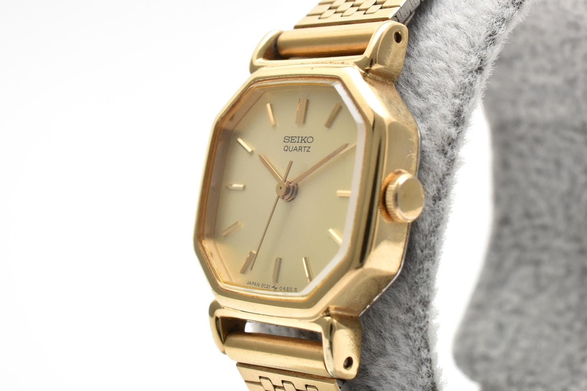 SEIKO セイコー 2C21-5170 レディース クォーツ 腕時計 ゴールド文字盤 2針 ステンレス 角型ケース ブレスレット 17.7mm 1980年代 ヴィンテージ ドレスウォッチ
