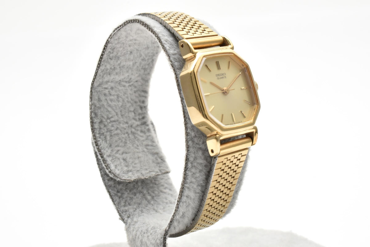 SEIKO セイコー 2C21-5170 レディース クォーツ 腕時計 ゴールド文字盤 2針 ステンレス 角型ケース ブレスレット 17.7mm 1980年代 ヴィンテージ ドレスウォッチ