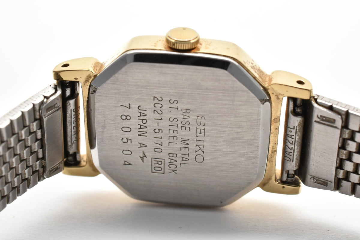 SEIKO セイコー 2C21-5170 レディース クォーツ 腕時計 ゴールド文字盤 2針 ステンレス 角型ケース ブレスレット 17.7mm 1980年代 ヴィンテージ ドレスウォッチ