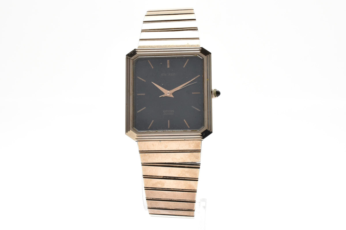 CITIZEN シチズン EXCEED エクシード 1930-191277 メンズ クォーツ 腕時計 ブラック文字盤 2針 長方形 スクエア ステンレス ブレスレット 25mm 1980年代 ヴィンテージ