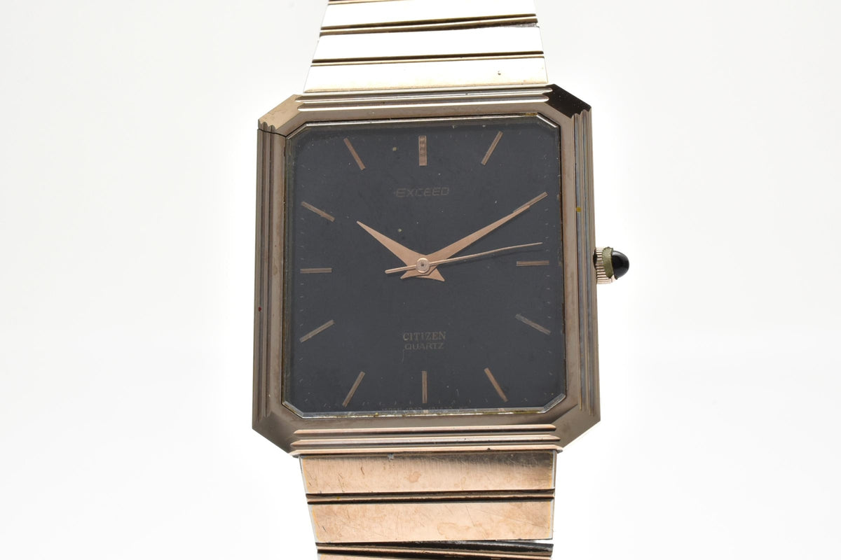 CITIZEN シチズン EXCEED エクシード 1930-191277 メンズ クォーツ 腕時計 ブラック文字盤 2針 長方形 スクエア ステンレス ブレスレット 25mm 1980年代 ヴィンテージ