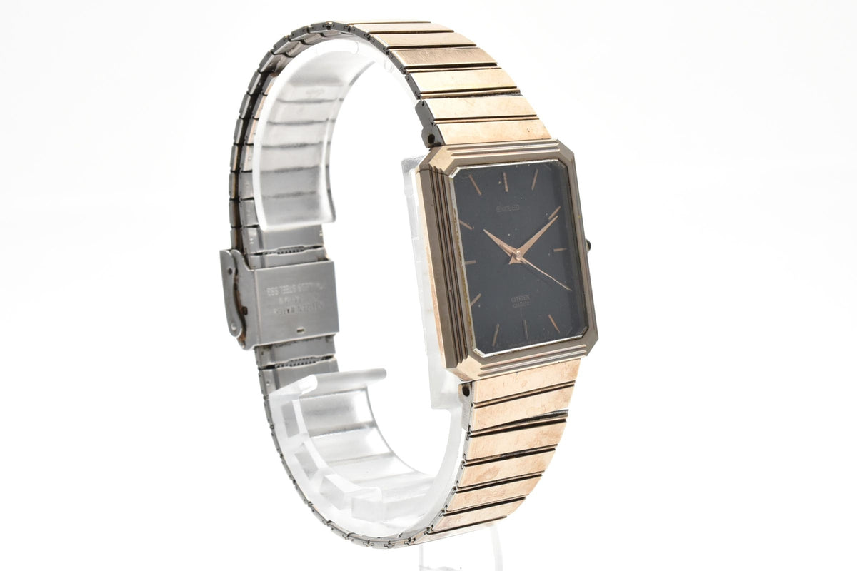 CITIZEN シチズン EXCEED エクシード 1930-191277 メンズ クォーツ 腕時計 ブラック文字盤 2針 長方形 スクエア ステンレス ブレスレット 25mm 1980年代 ヴィンテージ
