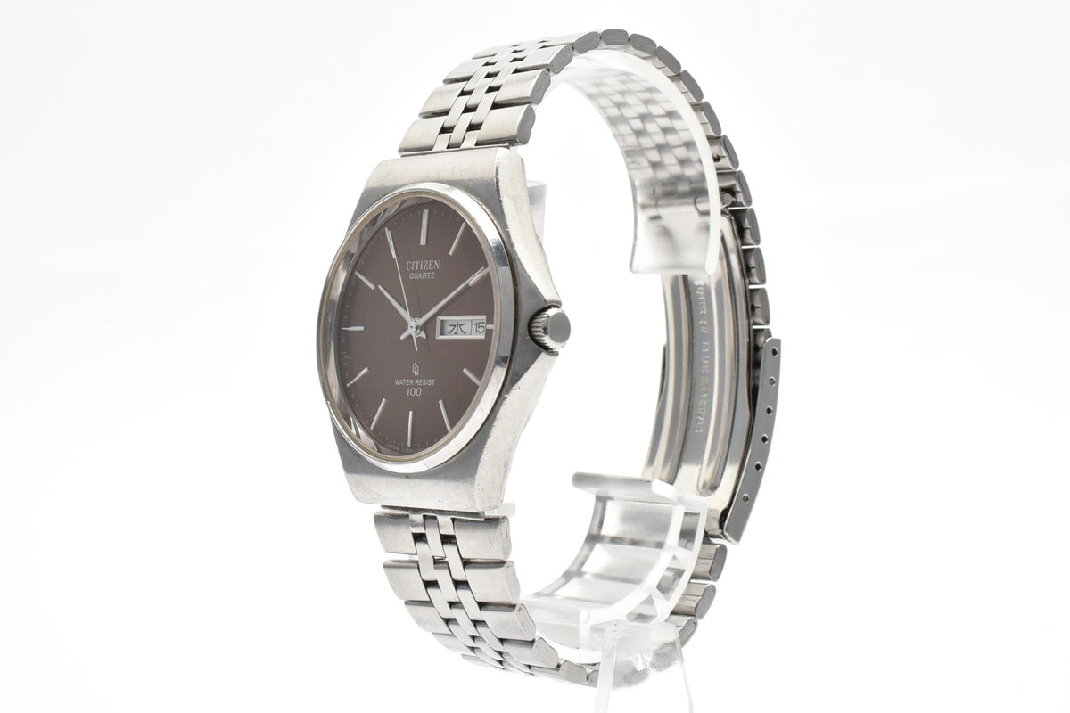 CITIZEN シチズン 4-211146K メンズ クォーツ 腕時計 ブラウン文字盤 デイデイト 曜日 日付 ステンレス ブレスレット 34mm 1980年代 ヴィンテージ