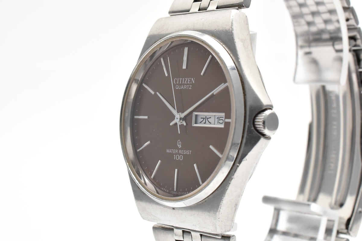 CITIZEN シチズン 4-211146K メンズ クォーツ 腕時計 ブラウン文字盤 デイデイト 曜日 日付 ステンレス ブレスレット 34mm 1980年代 ヴィンテージ
