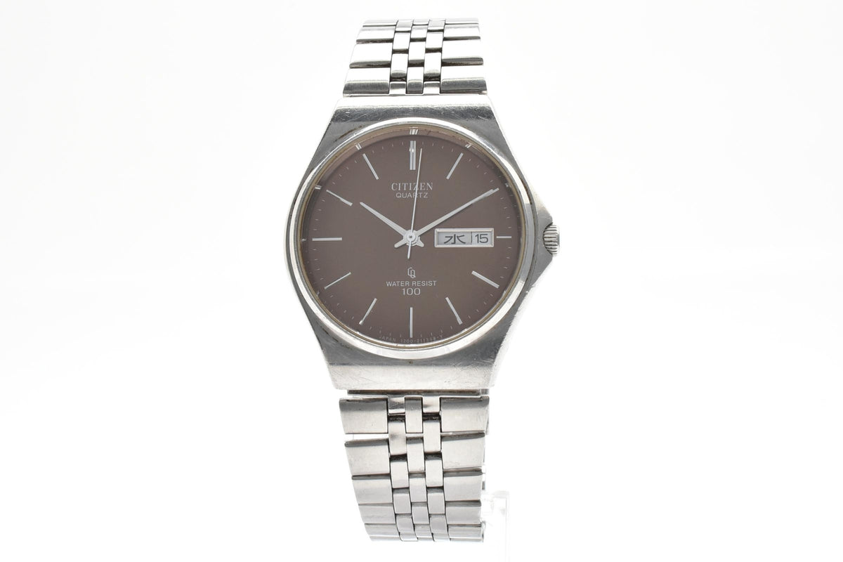 CITIZEN シチズン 4-211146K メンズ クォーツ 腕時計 ブラウン文字盤 デイデイト 曜日 日付 ステンレス ブレスレット 34mm 1980年代 ヴィンテージ
