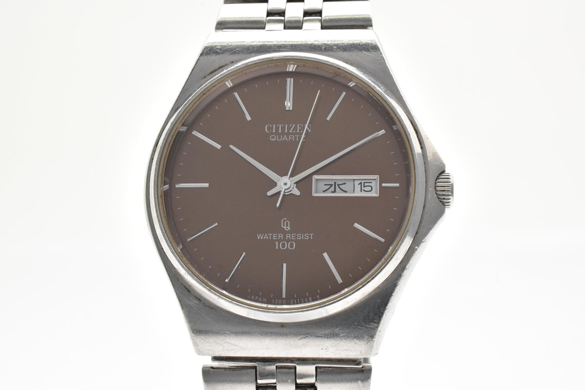 CITIZEN シチズン 4-211146K メンズ クォーツ 腕時計 ブラウン文字盤 デイデイト 曜日 日付 ステンレス ブレスレット 34mm 1980年代 ヴィンテージ