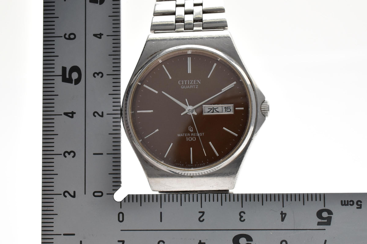 CITIZEN シチズン 4-211146K メンズ クォーツ 腕時計 ブラウン文字盤 デイデイト 曜日 日付 ステンレス ブレスレット 34mm 1980年代 ヴィンテージ
