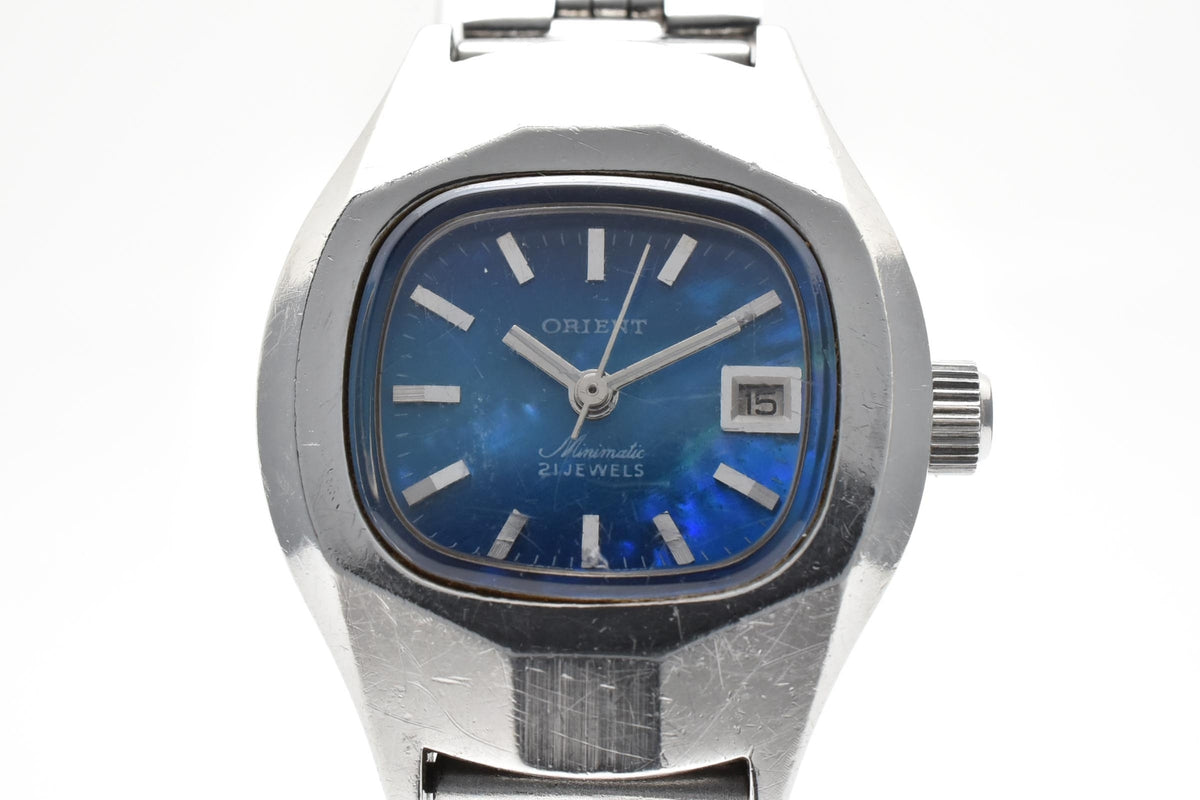 ORIENT オリエント Y497-32600 レディース 自動巻き 腕時計 ブルー文字盤 バーインデックス ステンレス ブレスレット クッションケース 23mm 1970年代 ヴィンテージ