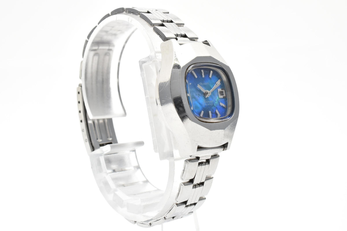 ORIENT オリエント Y497-32600 レディース 自動巻き 腕時計 ブルー文字盤 バーインデックス ステンレス ブレスレット クッションケース 23mm 1970年代 ヴィンテージ