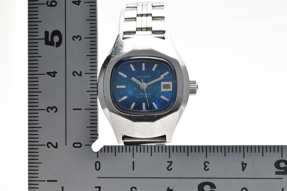 ORIENT オリエント Y497-32600 レディース 自動巻き 腕時計 ブルー文字盤 バーインデックス ステンレス ブレスレット クッションケース 23mm 1970年代 ヴィンテージ