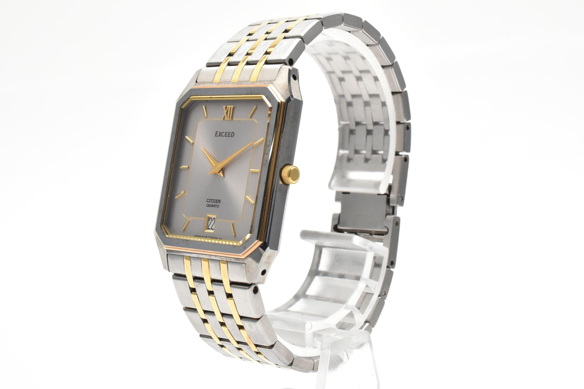 CITIZEN シチズン EXCEED エクシード 5777-F70264 メンズ クォーツ 腕時計 シルバー文字盤 デイト ローマ数字 長方形 ステンレス コンビ ブレスレット 26.5mm 1980年代 ヴィンテージ