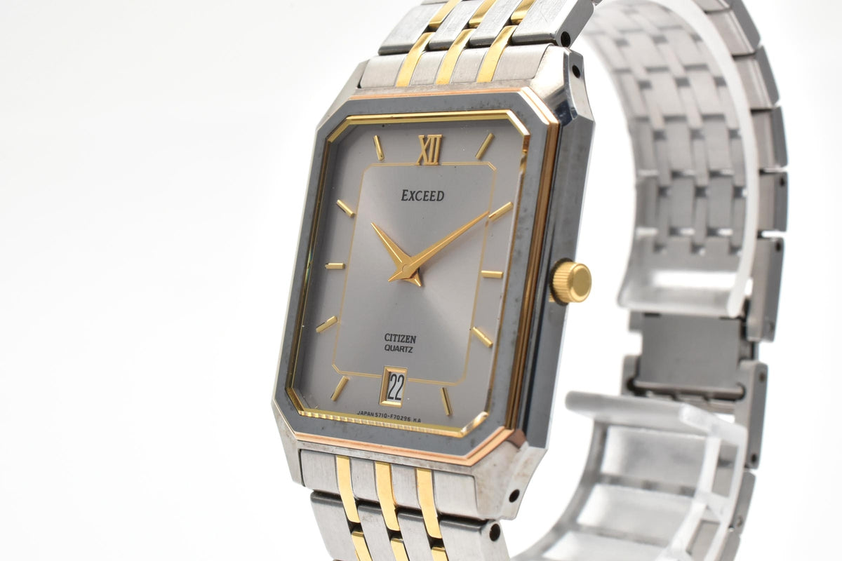 CITIZEN シチズン EXCEED エクシード 5777-F70264 メンズ クォーツ 腕時計 シルバー文字盤 デイト ローマ数字 長方形 ステンレス コンビ ブレスレット 26.5mm 1980年代 ヴィンテージ