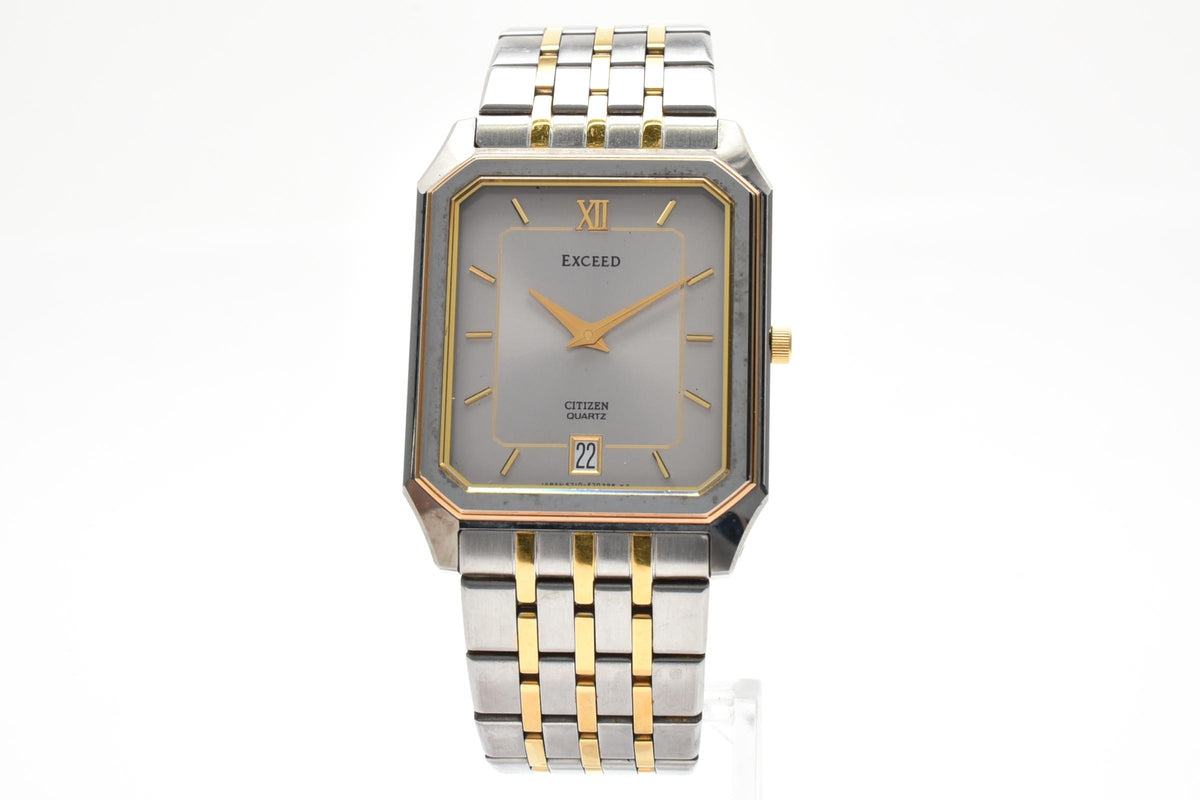 CITIZEN シチズン EXCEED エクシード 5777-F70264 メンズ クォーツ 腕時計 シルバー文字盤 デイト ローマ数字 長方形 ステンレス コンビ ブレスレット 26.5mm 1980年代 ヴィンテージ