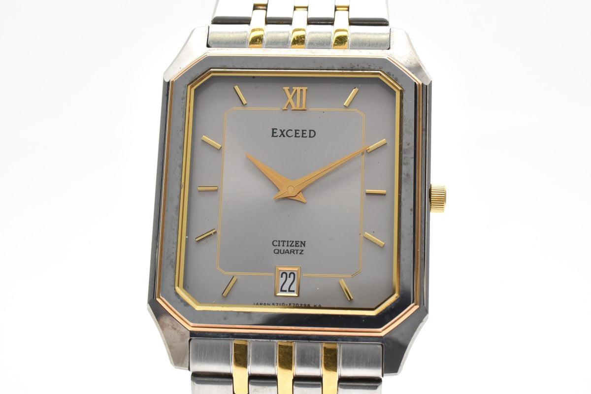 CITIZEN シチズン EXCEED エクシード 5777-F70264 メンズ クォーツ 腕時計 シルバー文字盤 デイト ローマ数字 長方形 ステンレス コンビ ブレスレット 26.5mm 1980年代 ヴィンテージ