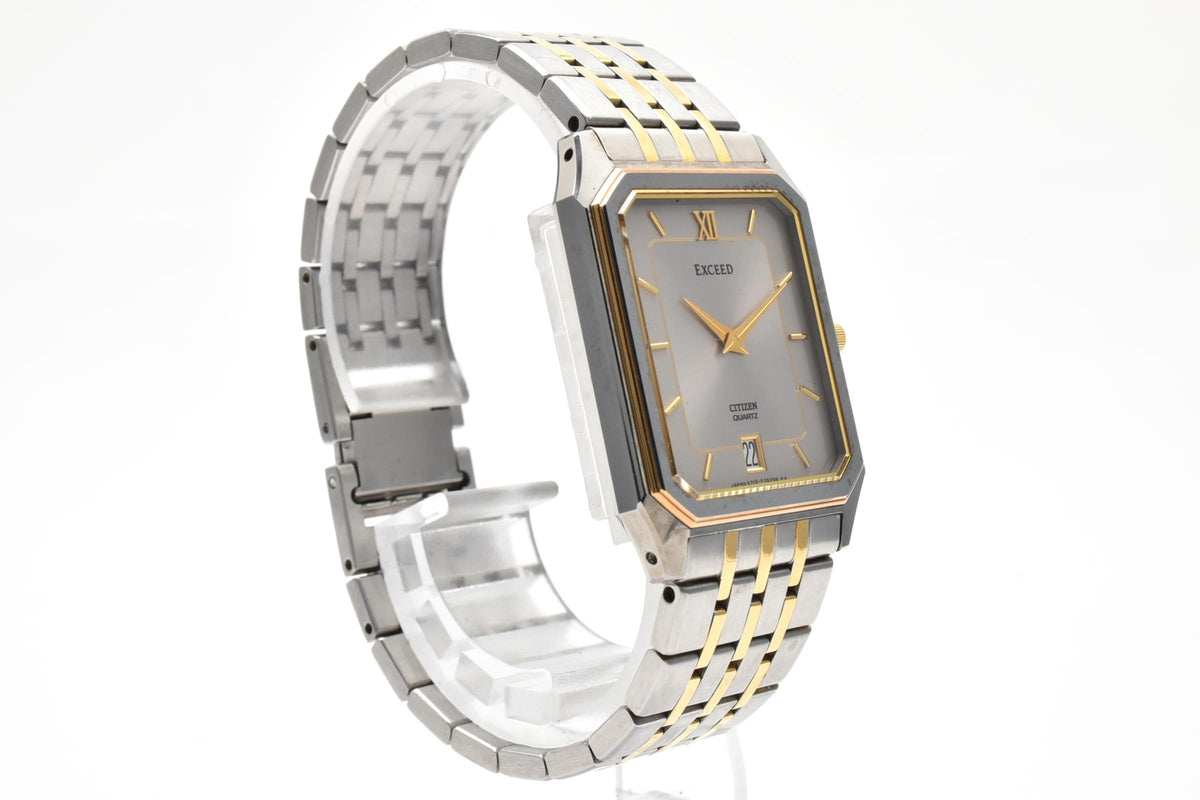 CITIZEN シチズン EXCEED エクシード 5777-F70264 メンズ クォーツ 腕時計 シルバー文字盤 デイト ローマ数字 長方形 ステンレス コンビ ブレスレット 26.5mm 1980年代 ヴィンテージ