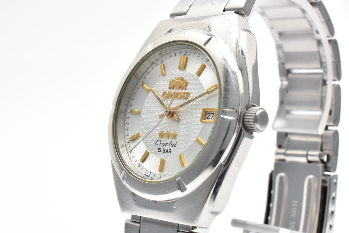 ORIENT オリエント Crystal クリスタル UN59-C1 メンズ クォーツ 腕時計 シルバー文字盤 デイト ゴールドインデックス ステンレス ブレスレット 35mm 1990年代 ヴィンテージ