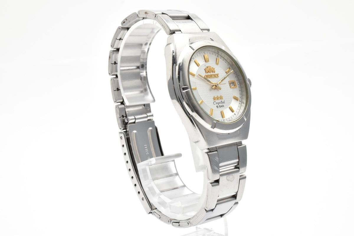 ORIENT オリエント Crystal クリスタル UN59-C1 メンズ クォーツ 腕時計 シルバー文字盤 デイト ゴールドインデックス ステンレス ブレスレット 35mm 1990年代 ヴィンテージ