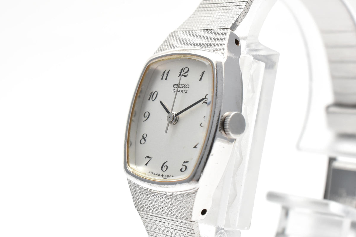 SEIKO セイコー 1421-5170 レディース クォーツ 腕時計 ホワイト文字盤 アラビア数字 2針 ステンレス メッシュブレスレット 角型 19mm 1980年代 ヴィンテージ