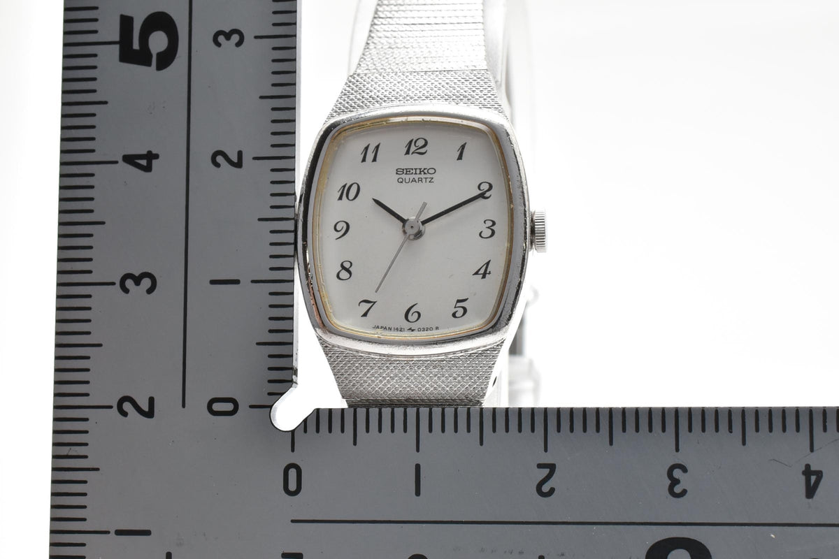 SEIKO セイコー 1421-5170 レディース クォーツ 腕時計 ホワイト文字盤 アラビア数字 2針 ステンレス メッシュブレスレット 角型 19mm 1980年代 ヴィンテージ