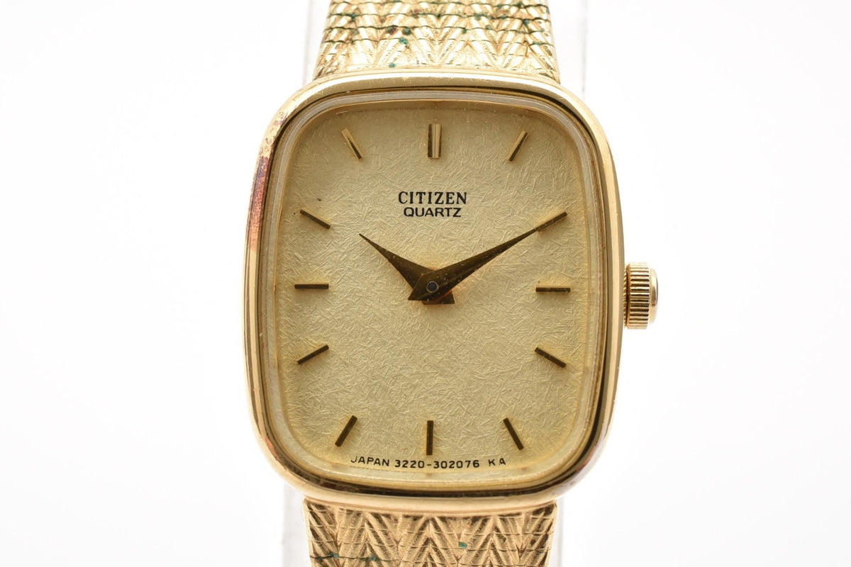 CITIZEN シチズン 3220-324552 レディース 80s クォーツ 腕時計 ゴールド文字盤 スクエア ベースメタル ブレスレット 16.5mm 1980年代 ヴィンテージ ドレスウォッチ