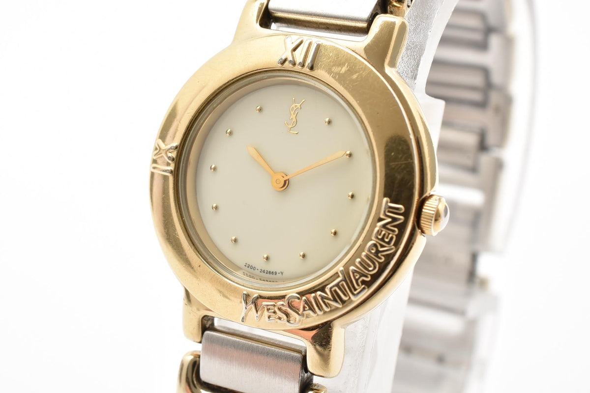 Yves Saint Laurent イヴサンローラン YSLロゴ 90s カサンドラ 2200-229789Y レディース クォーツ 腕時計 クリーム文字盤 2針 ステンレス コンビ ブレスレット 22.6mm 1990年代 ヴィンテージ