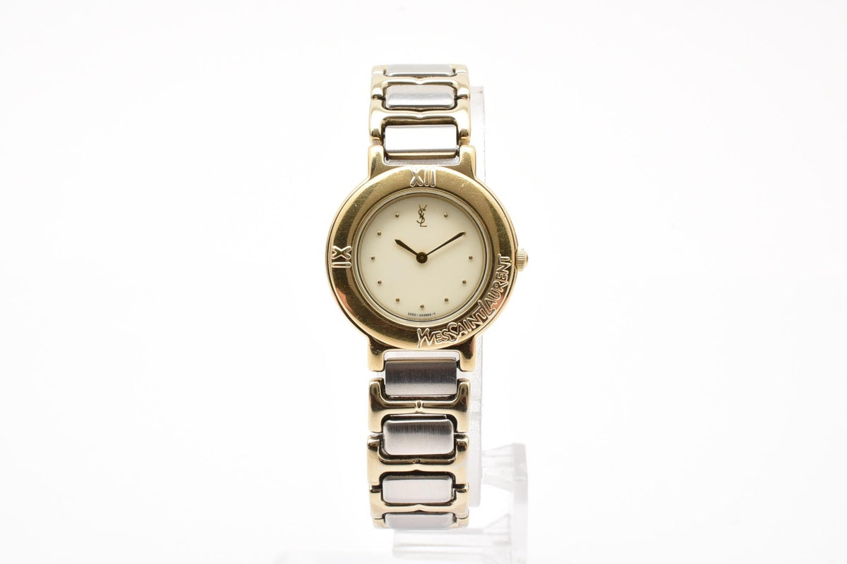 Yves Saint Laurent イヴサンローラン YSLロゴ 90s カサンドラ 2200-229789Y レディース クォーツ 腕時計 クリーム文字盤 2針 ステンレス コンビ ブレスレット 22.6mm 1990年代 ヴィンテージ