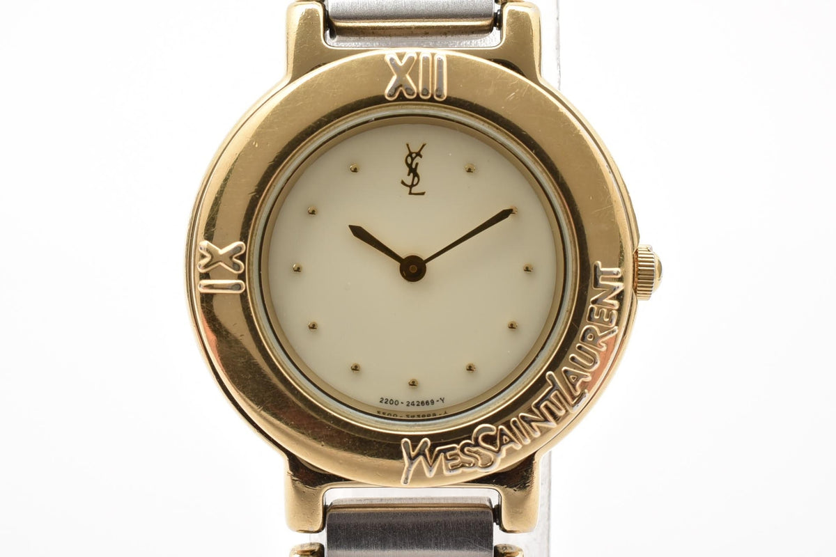 Yves Saint Laurent イヴサンローラン YSLロゴ 90s カサンドラ 2200-229789Y レディース クォーツ 腕時計 クリーム文字盤 2針 ステンレス コンビ ブレスレット 22.6mm 1990年代 ヴィンテージ