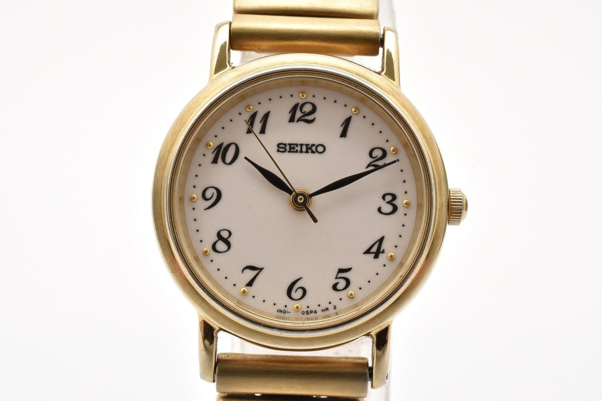 SEIKO セイコー Spirit スピリット 1N01-0JR0 レディース クォーツ 腕時計 クリーム文字盤 アラビア数字 ゴールドカラー ステンレス 伸縮ブレスレット 22mm 2000年代