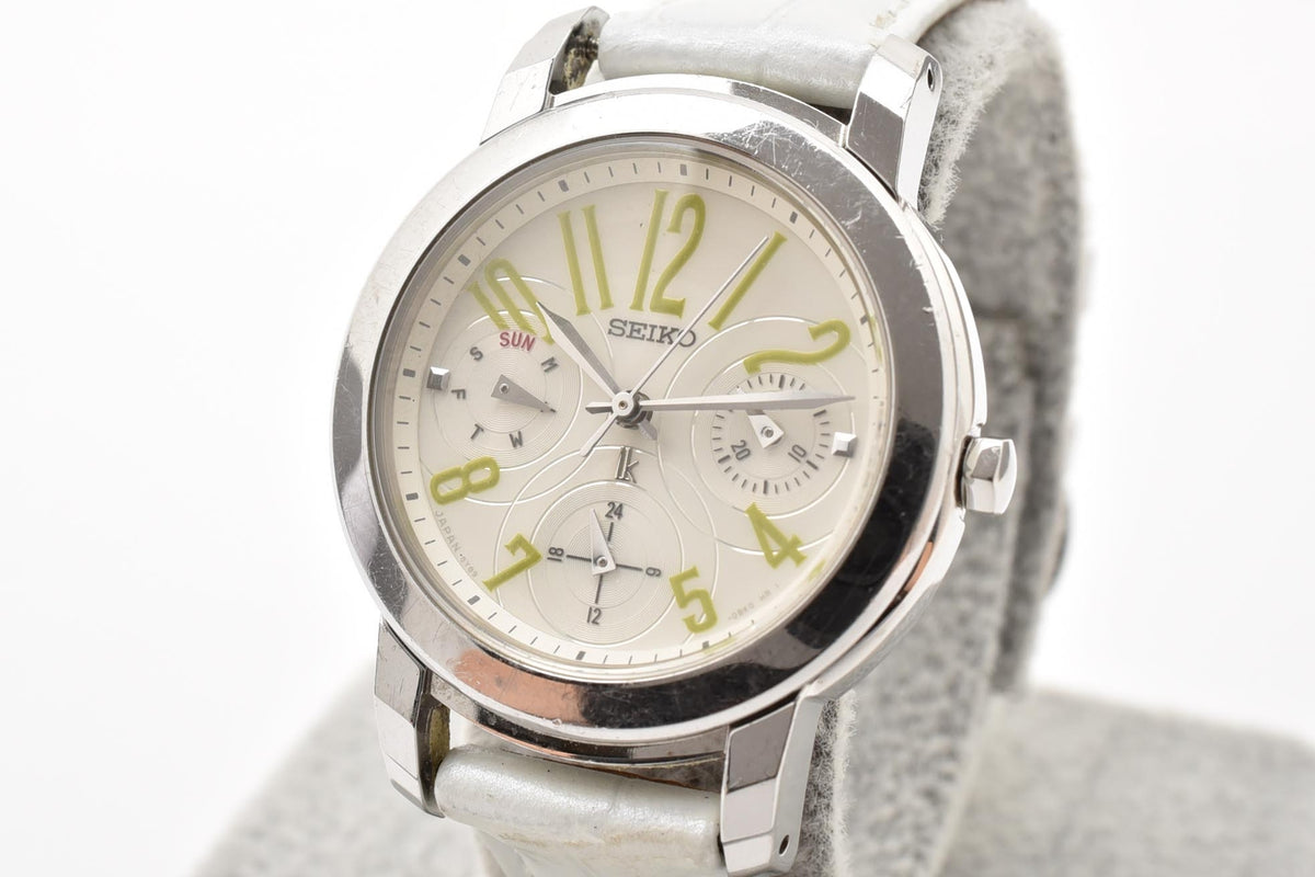 SEIKO セイコー LUKIA ルキア 5Y89-0AT0 レディース クォーツ 腕時計 ホワイト文字盤 アラビア数字 マルチファンクション ステンレス レザーストラップ 30mm 2000年代
