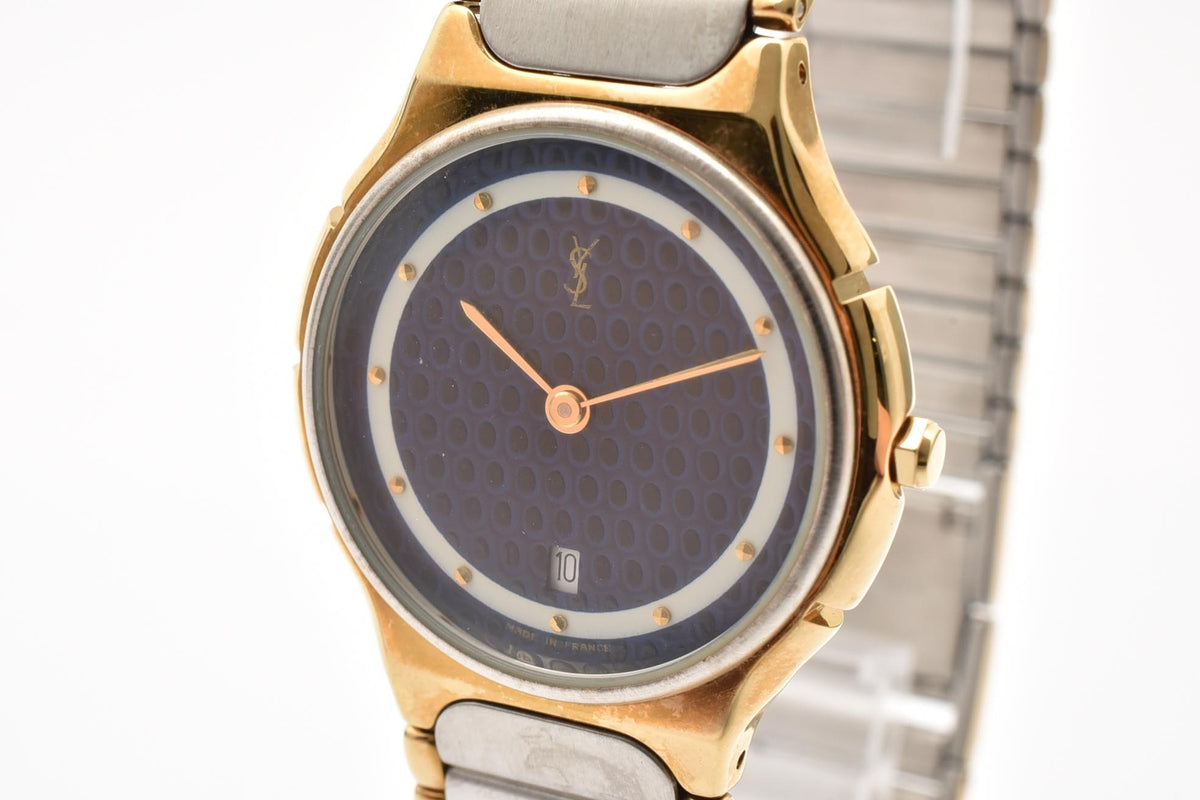 Yves Saint Laurent イヴサンローラン YSLロゴ 90s vintage カサンドラ 249884 メンズ クォーツ 腕時計 ブルー文字盤 幾何学模様 デイト コンビカラー ブレスレット 28.8mm 1990年代 ヴィンテージ