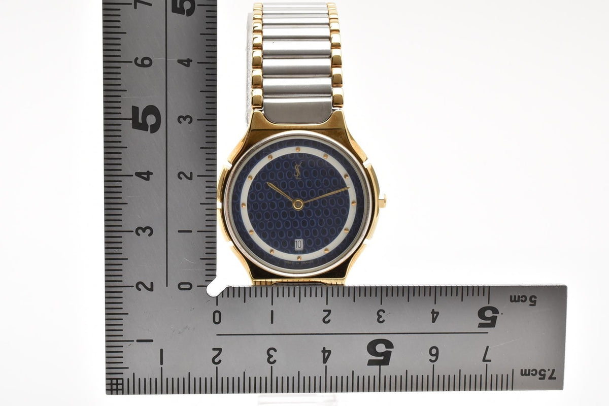 Yves Saint Laurent イヴサンローラン YSLロゴ 90s vintage カサンドラ 249884 メンズ クォーツ 腕時計 ブルー文字盤 幾何学模様 デイト コンビカラー ブレスレット 28.8mm 1990年代 ヴィンテージ
