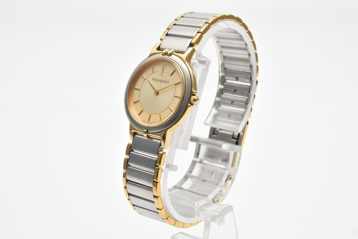 Yves Saint Laurent イヴサンローラン YSLロゴ 90s vintage カサンドラ 2200-228481 レディース クォーツ 腕時計 ゴールド文字盤 ステンレス コンビ ブレスレット 22mm 1990年代 ヴィンテージ ドレスウォッチ
