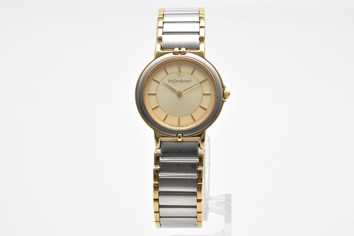 Yves Saint Laurent イヴサンローラン YSLロゴ 90s vintage カサンドラ 2200-228481 レディース クォーツ 腕時計 ゴールド文字盤 ステンレス コンビ ブレスレット 22mm 1990年代 ヴィンテージ ドレスウォッチ