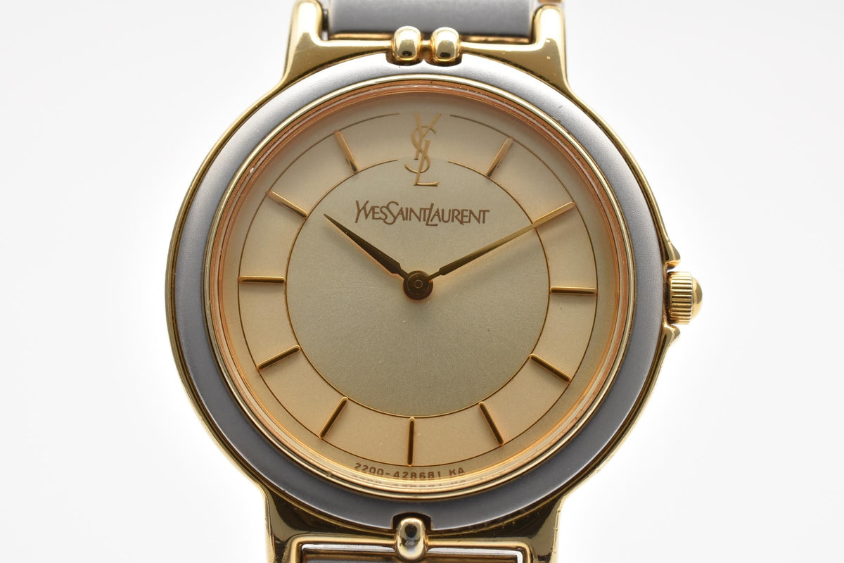 Yves Saint Laurent イヴサンローラン YSLロゴ 90s vintage カサンドラ 2200-228481 レディース クォーツ 腕時計 ゴールド文字盤 ステンレス コンビ ブレスレット 22mm 1990年代 ヴィンテージ ドレスウォッチ