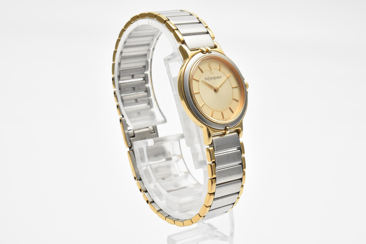 Yves Saint Laurent イヴサンローラン YSLロゴ 90s vintage カサンドラ 2200-228481 レディース クォーツ 腕時計 ゴールド文字盤 ステンレス コンビ ブレスレット 22mm 1990年代 ヴィンテージ ドレスウォッチ