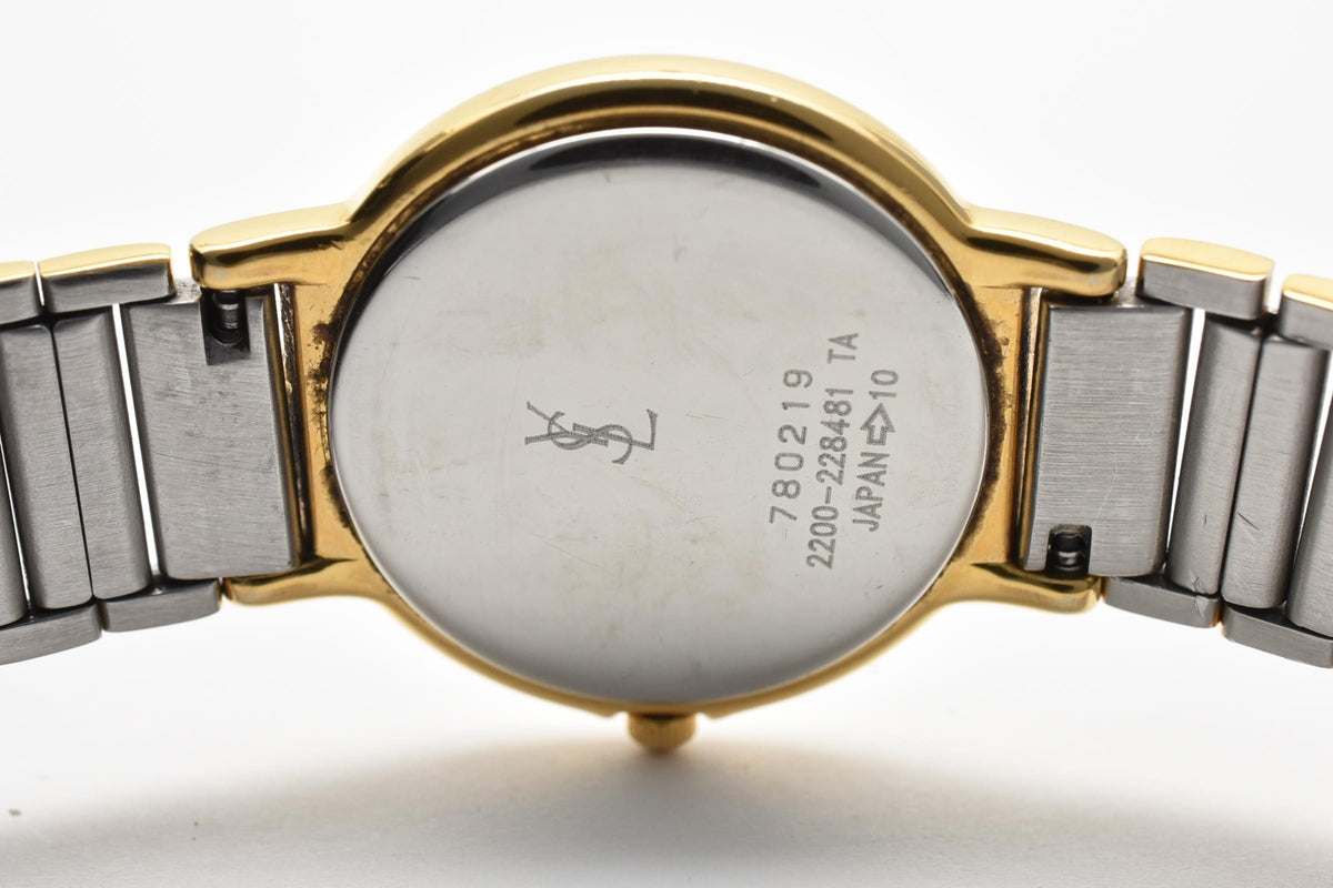 Yves Saint Laurent イヴサンローラン YSLロゴ 90s vintage カサンドラ 2200-228481 レディース クォーツ 腕時計 ゴールド文字盤 ステンレス コンビ ブレスレット 22mm 1990年代 ヴィンテージ ドレスウォッチ