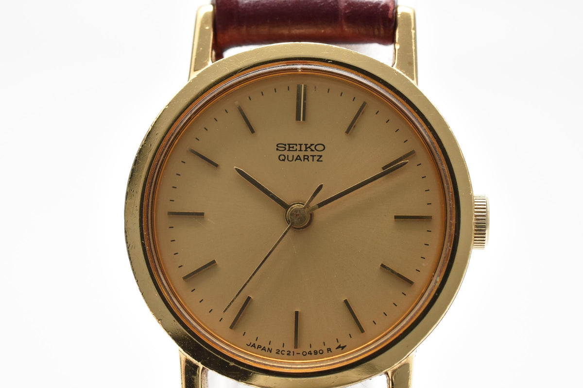 SEIKO セイコー 2C21-D130 レディース クォーツ 腕時計 ゴールド文字盤 ステンレス ラウンドケース ブラウン レザーストラップ 20mm 1980年代 ヴィンテージ
