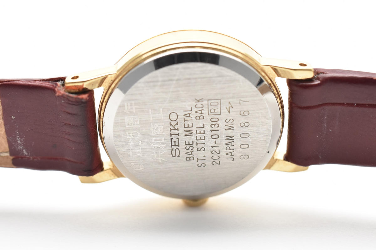 SEIKO セイコー 2C21-D130 レディース クォーツ 腕時計 ゴールド文字盤 ステンレス ラウンドケース ブラウン レザーストラップ 20mm 1980年代 ヴィンテージ